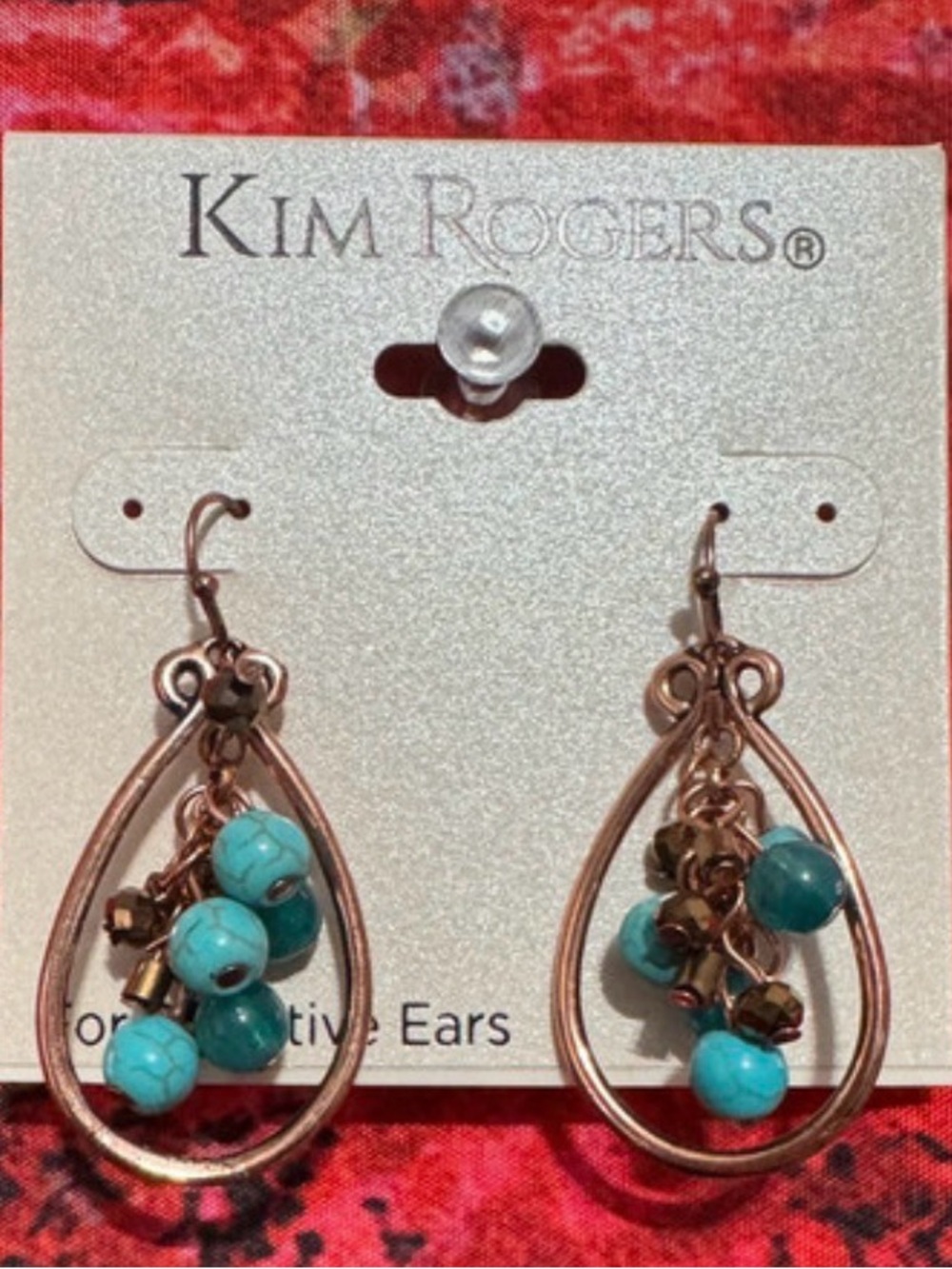 Kim Rogers Turquoise Bead Dangle Earrings with Antique Gold-Tone Frame